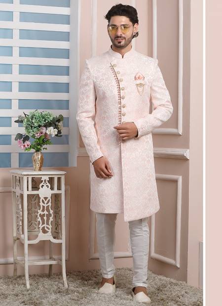 Pink Party Wear Mens Jaquard Silk Indo Western Collection 1682